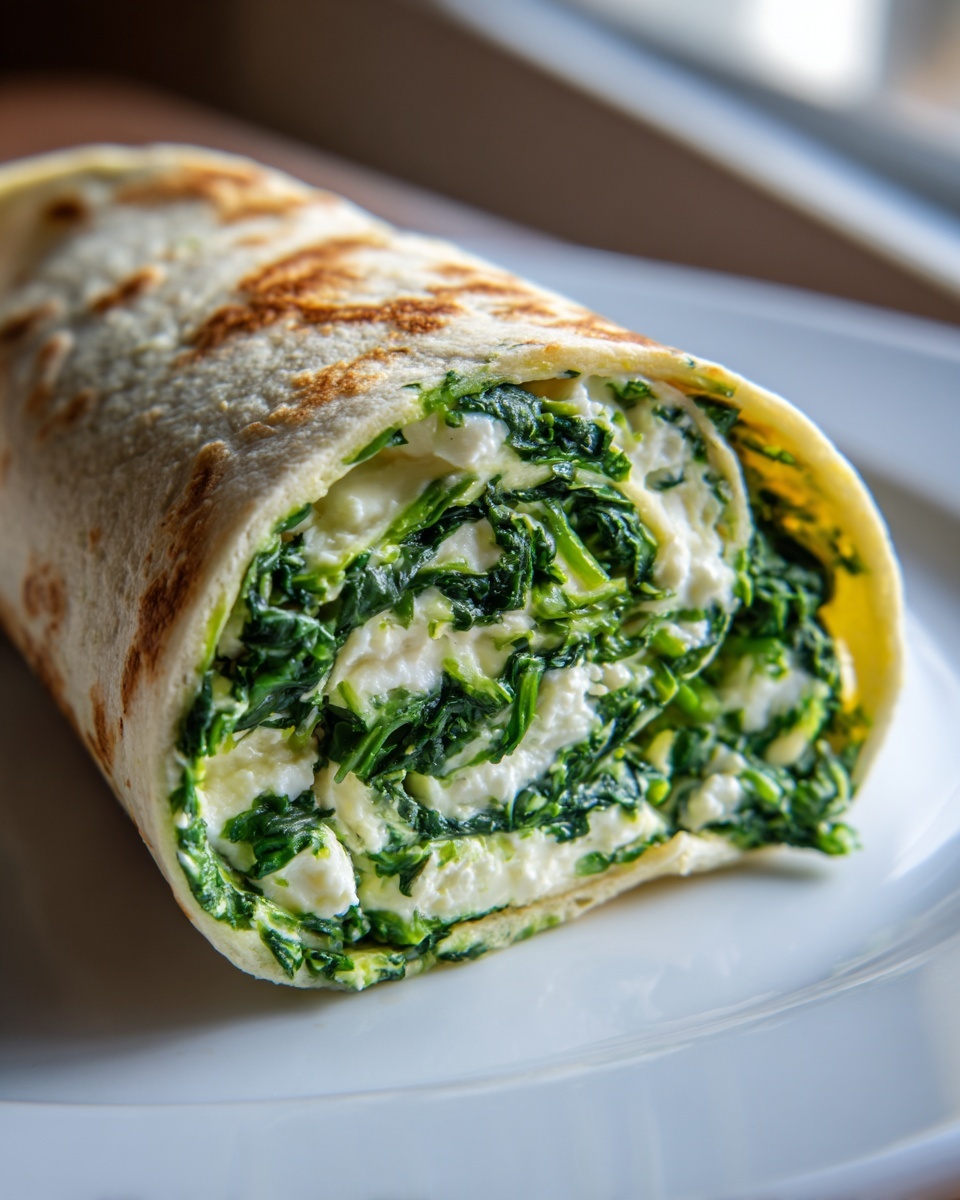 A close-up view of a rolled spinach cottage cheese wrap showing the vibrant green filling inside a lightly toasted tortilla.