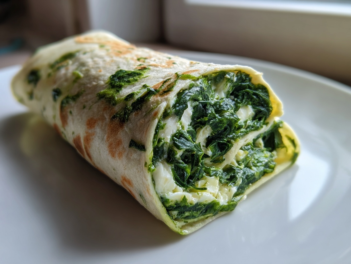A delicious spinach cottage cheese wrap cut in half, showing the creamy white cottage cheese and dark green spinach filling.