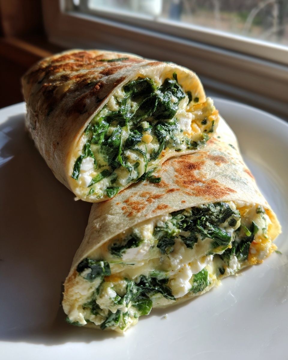 A spinach cottage cheese wrap cut in half showing the creamy filling of spinach and cottage cheese.