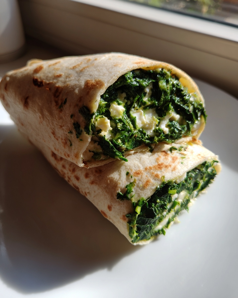 A spinach cottage cheese wrap cut in half, showing the vibrant green spinach and white cottage cheese filling inside a toasted tortilla.