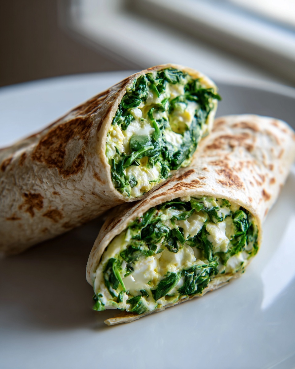 Cross-section of a spinach cottage cheese wrap showing vibrant green spinach mixed with white cottage cheese filling.