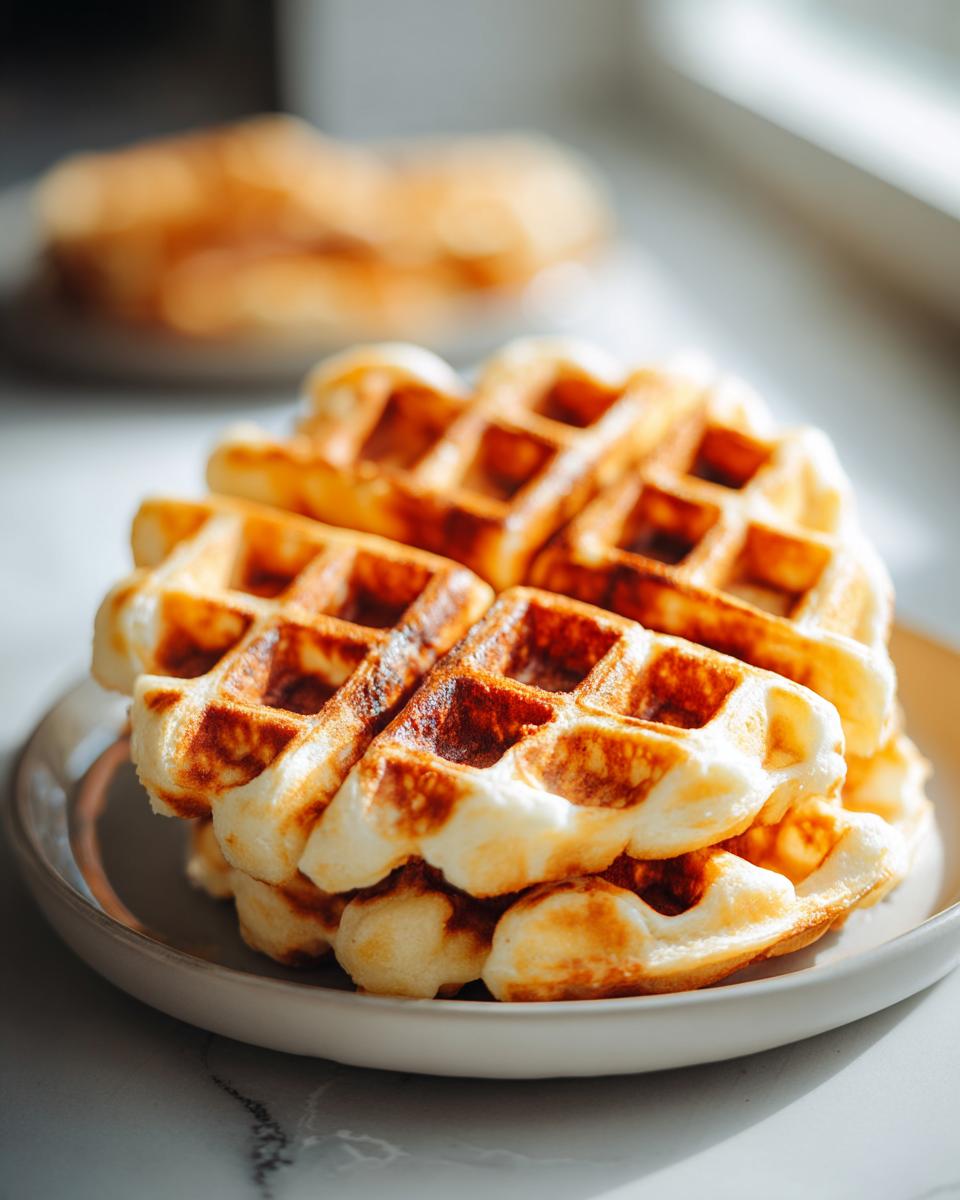 A close-up stack of golden brown cottage cheese waffles resting on a light-colored plate near a window.
