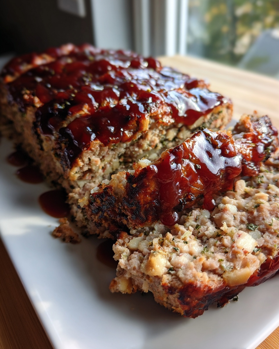 Slices of moist stove top stuffing meatloaf topped with a thick, shiny barbecue glaze on a white platter.