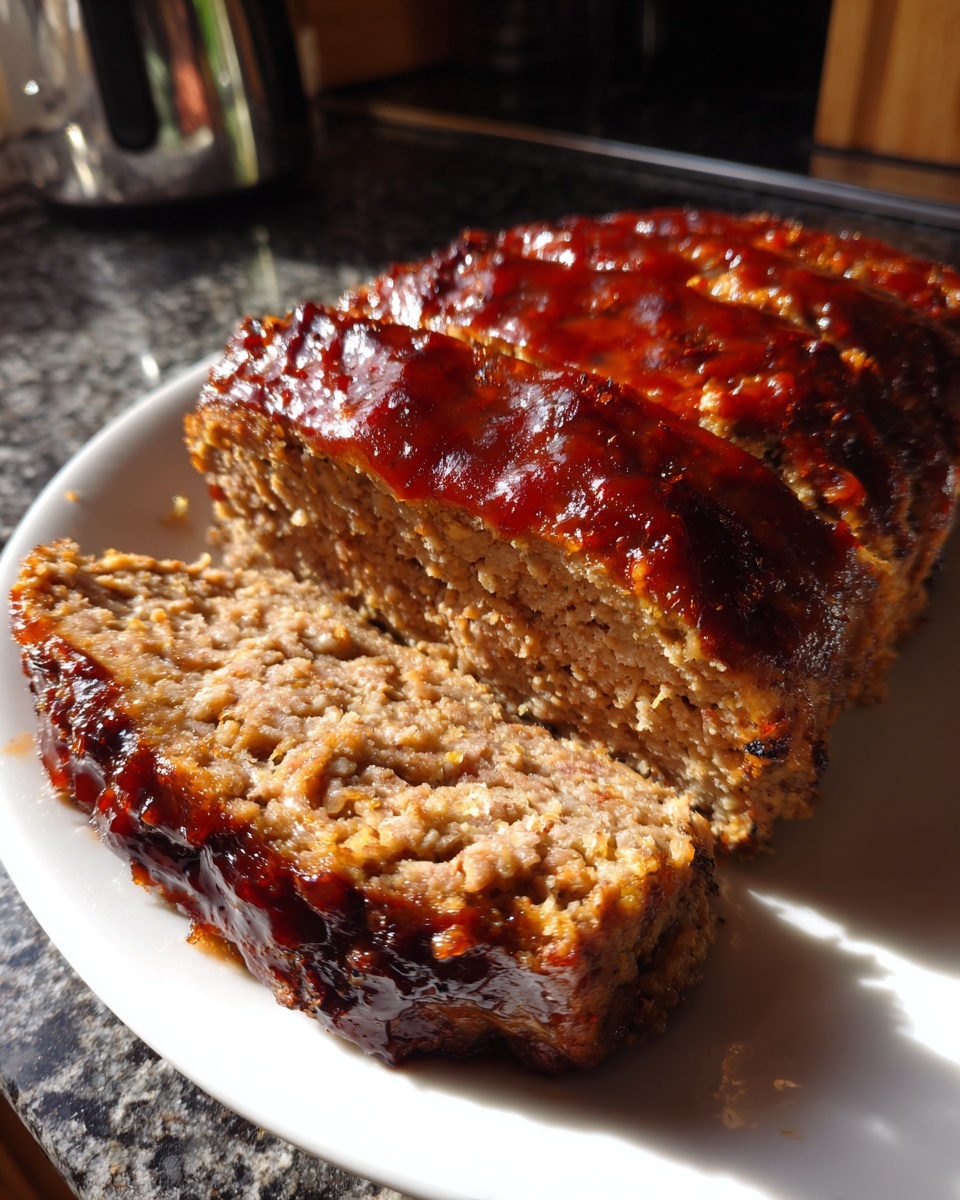 Close-up of a moist stove top stuffing meatloaf, sliced and covered in a shiny, dark glaze.
