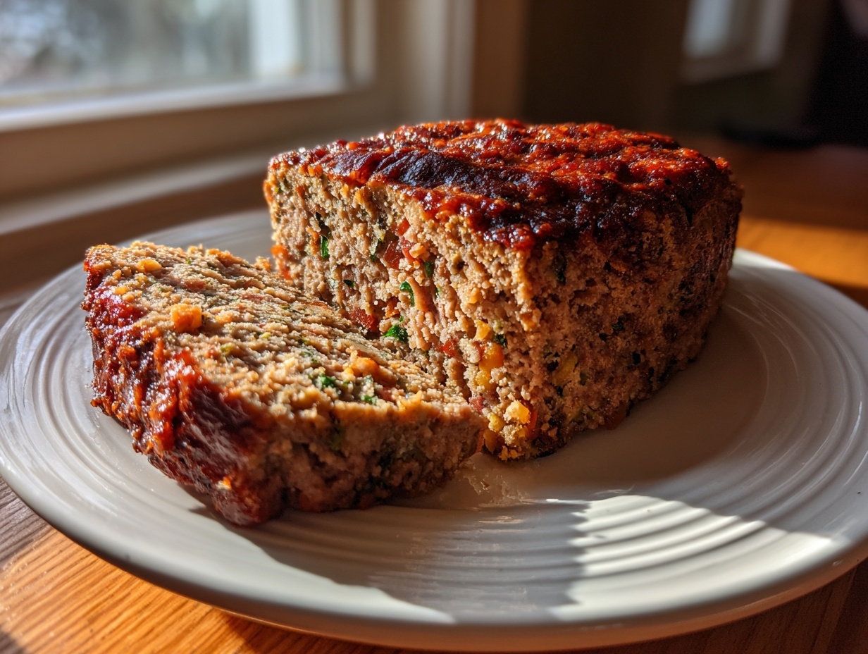 A thick slice cut from a stove top stuffing meatloaf, showing the texture and sweet glaze topping.