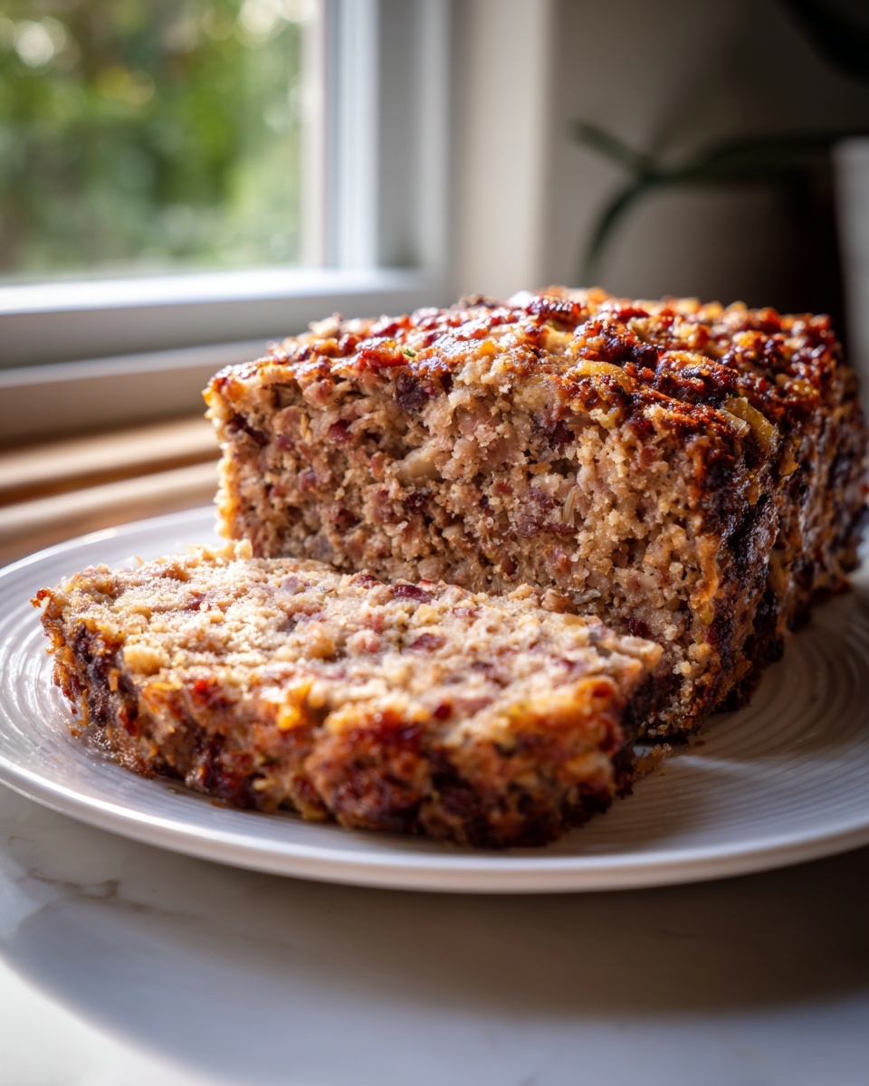 A sliced stove top stuffing meatloaf resting on a white plate near a window.