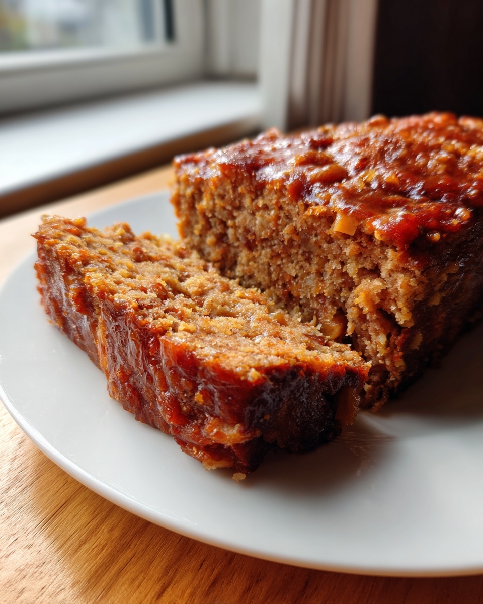 A thick slice cut from a stove top stuffing meatloaf, showing the texture and shiny glaze.