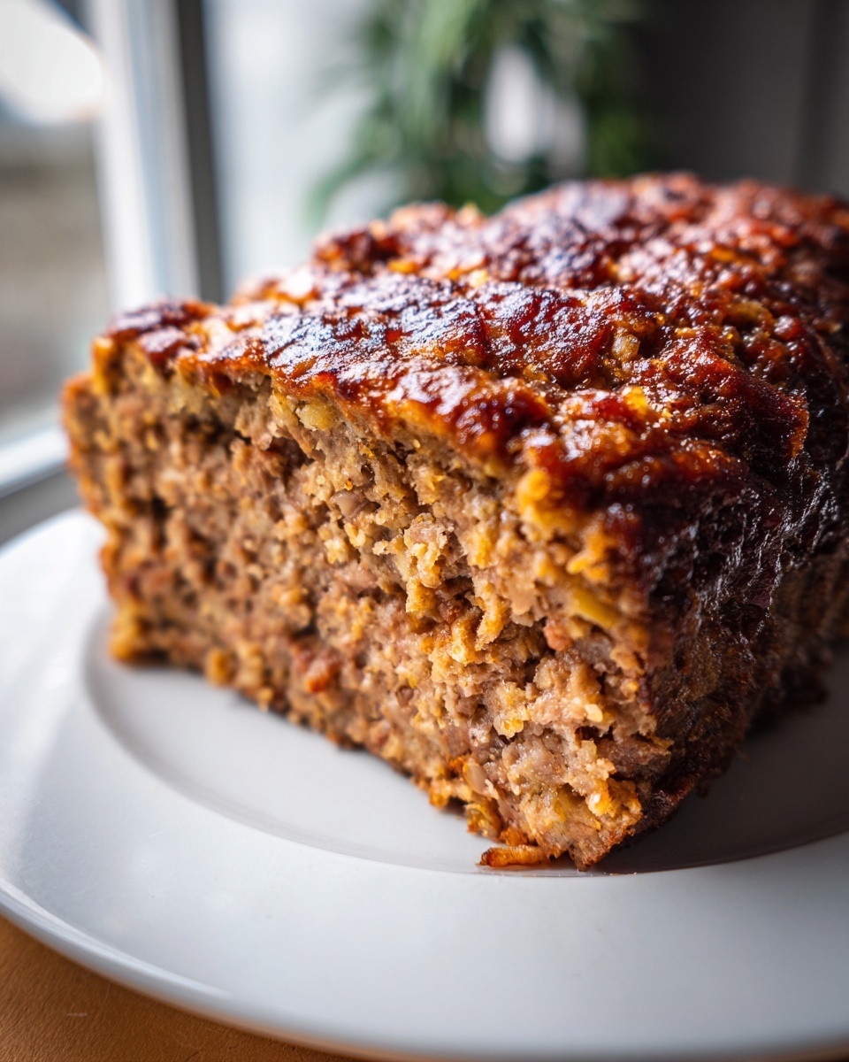 Close-up of a thick slice of stove top stuffing meatloaf showing the textured interior and shiny glaze.