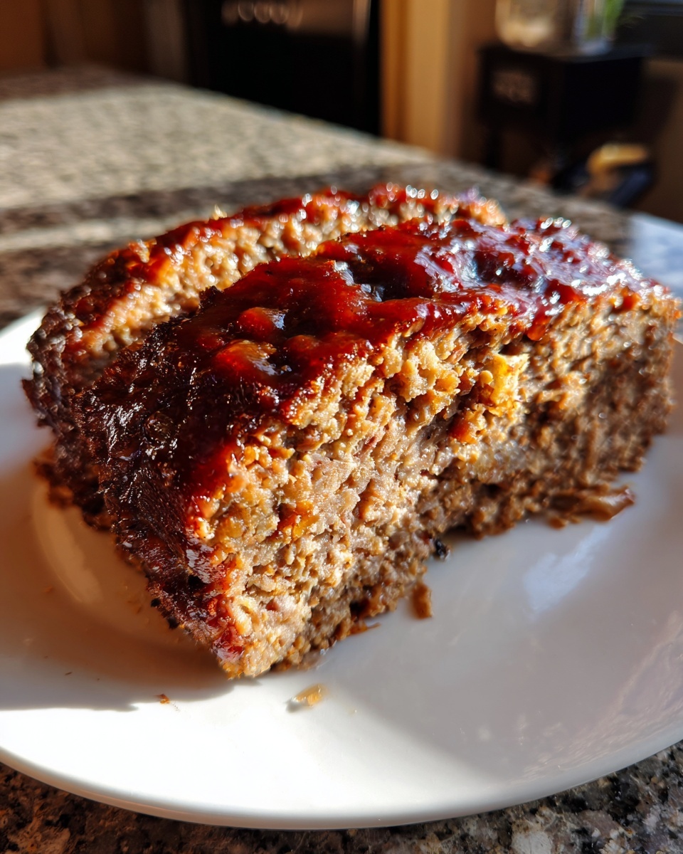 Close-up of a moist slice of stove top stuffing meatloaf topped with a shiny, dark glaze.