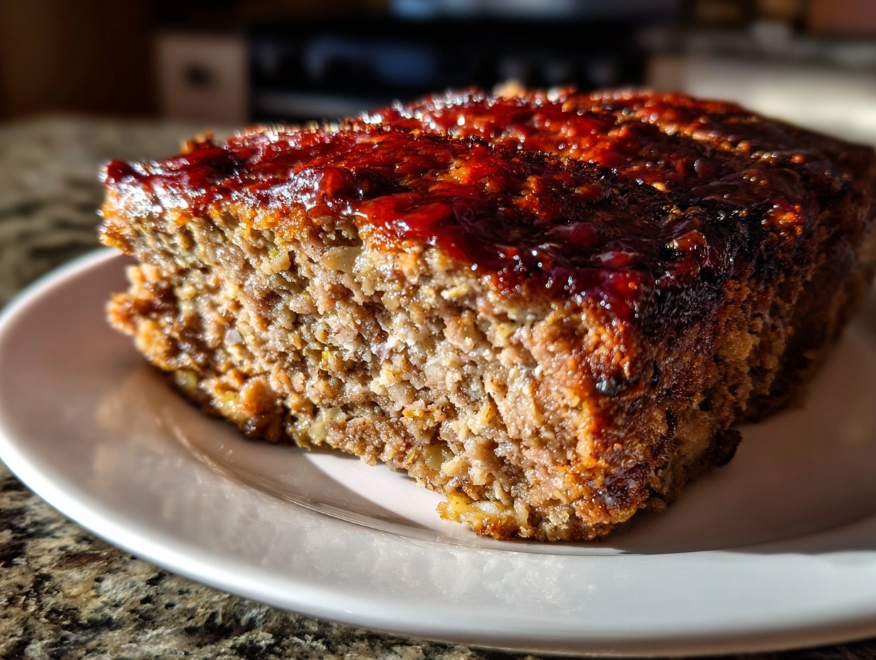 A thick, moist slice of stove top stuffing meatloaf topped with a shiny, dark glaze on a white plate.