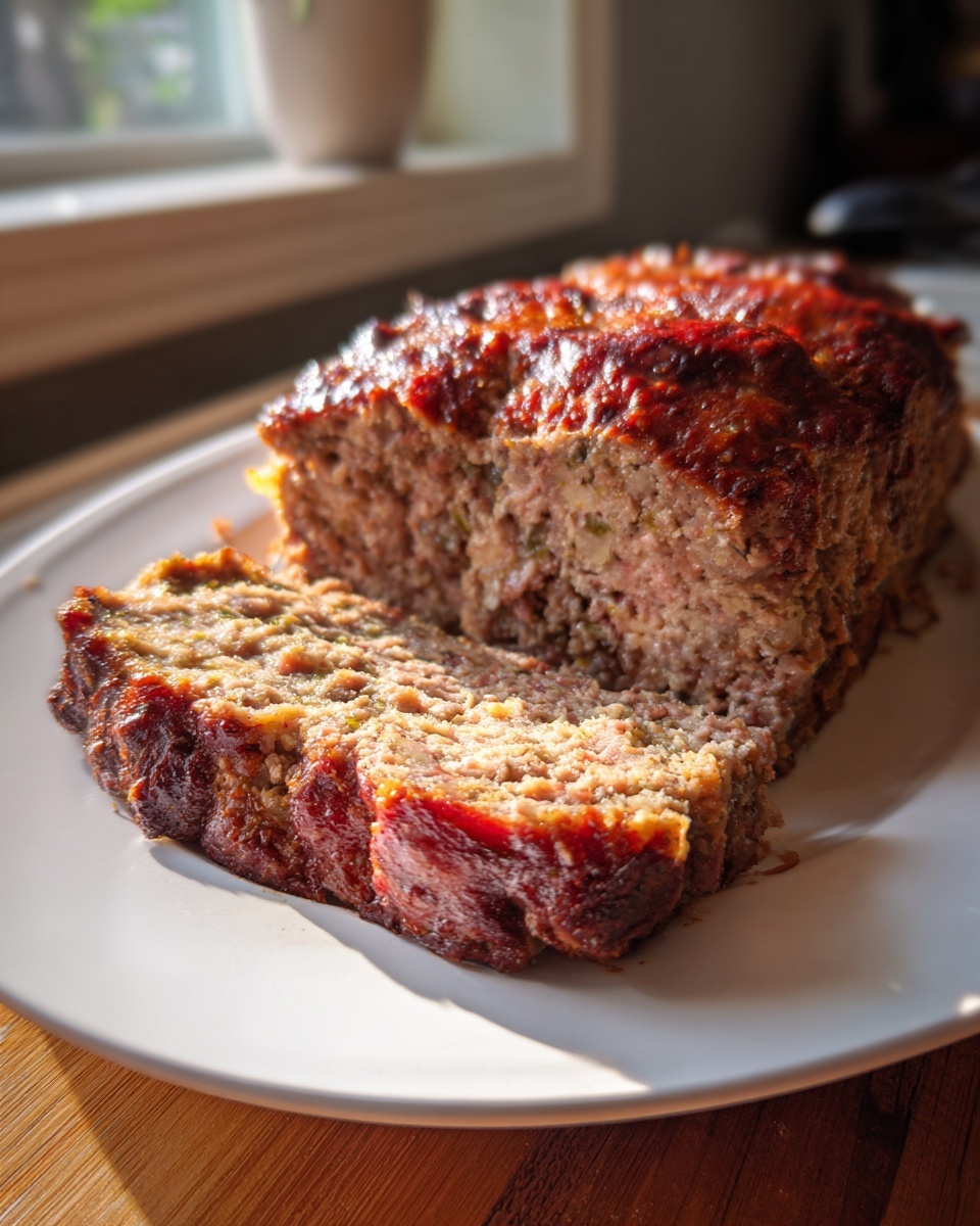 A freshly baked stove top stuffing meatloaf, sliced to show the interior texture and rich glaze.
