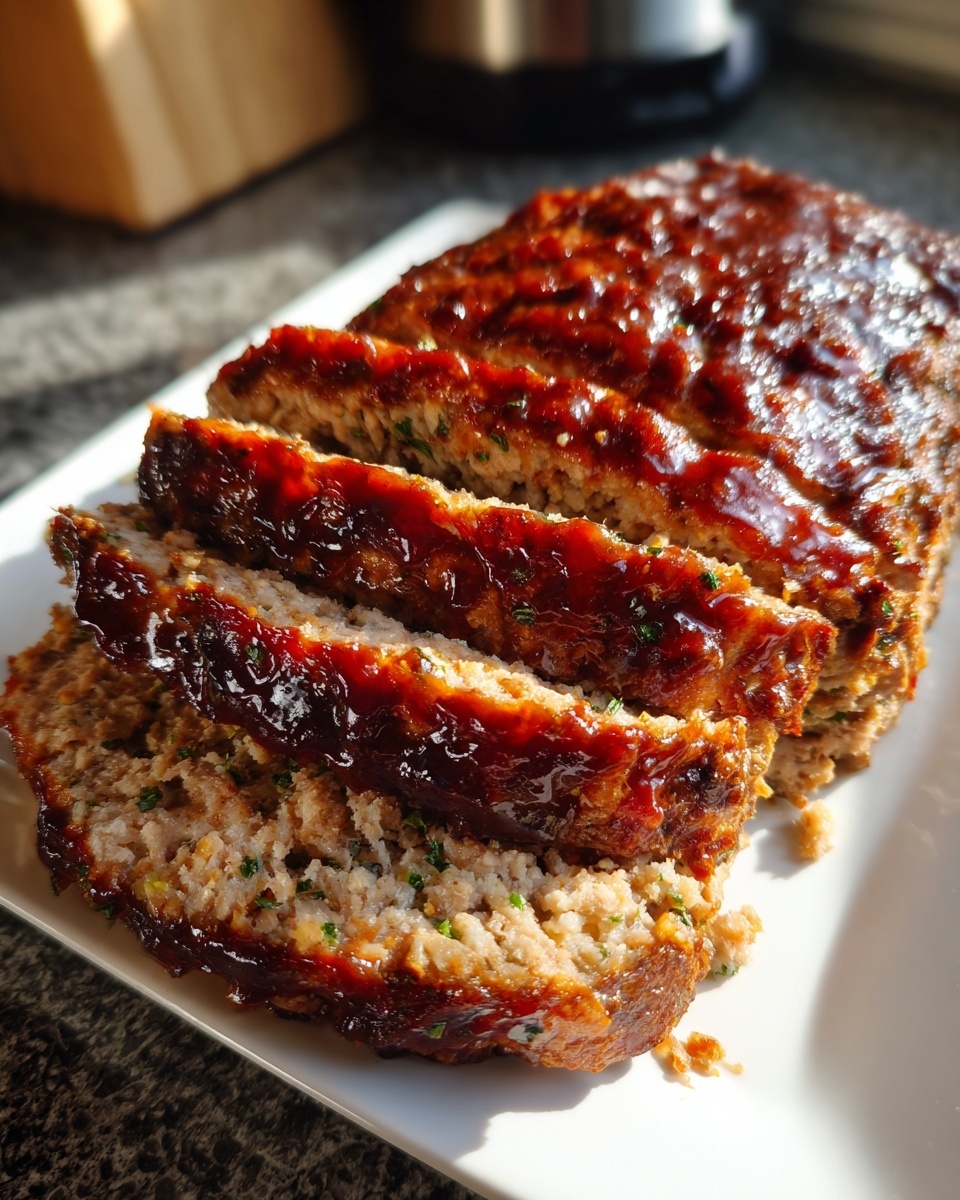 Close-up of sliced stove top stuffing meatloaf covered in a thick, shiny brown glaze.