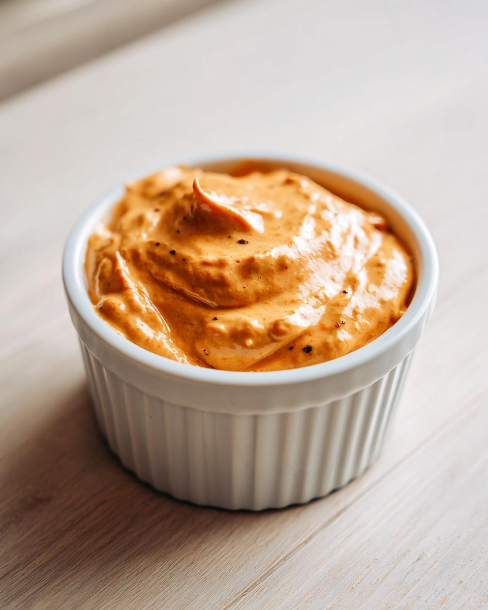 Close-up of a creamy, orange-colored sweet potato fries dipping sauce in a small white ramekin.