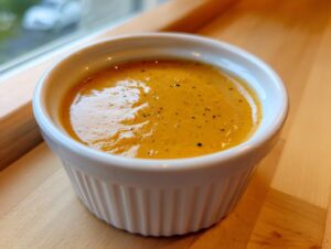 A vibrant orange sweet potato fries dipping sauce speckled with pepper in a white ramekin.