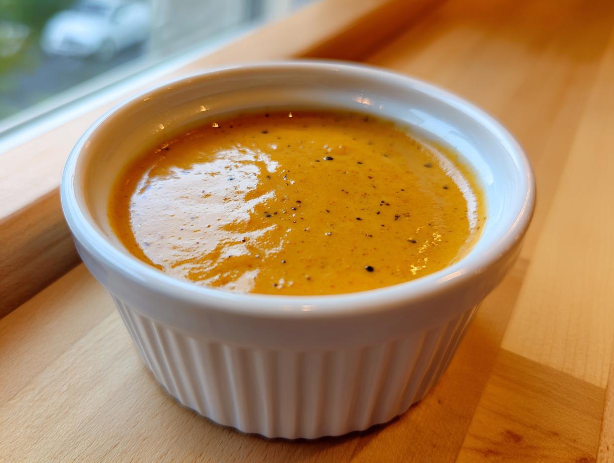 A vibrant orange sweet potato fries dipping sauce speckled with pepper in a white ramekin.