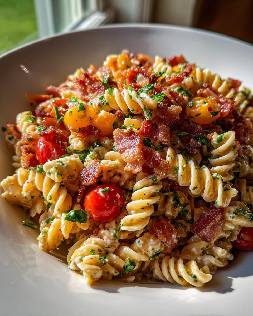 Close-up of tangy tomato blt pasta salad featuring rotini pasta, crispy bacon pieces, and cherry tomatoes.