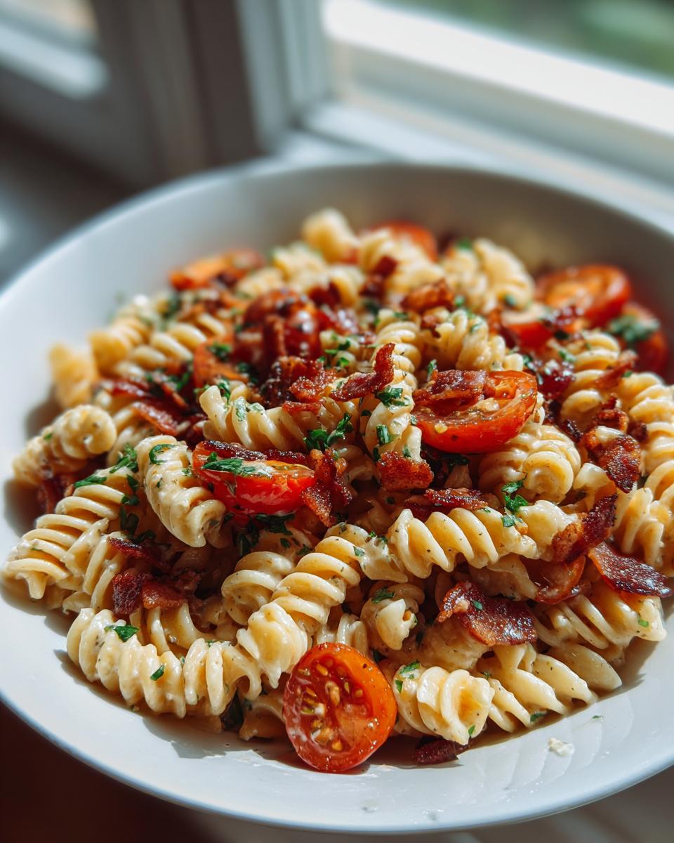Close-up of a bowl filled with tangy tomato BLT pasta salad featuring rotini pasta, bacon bits, and halved cherry tomatoes.