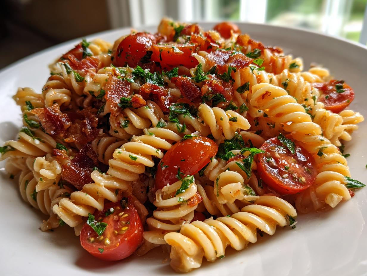 Close-up of tangy tomato BLT pasta salad featuring rotini pasta, halved cherry tomatoes, crispy bacon, and fresh parsley.