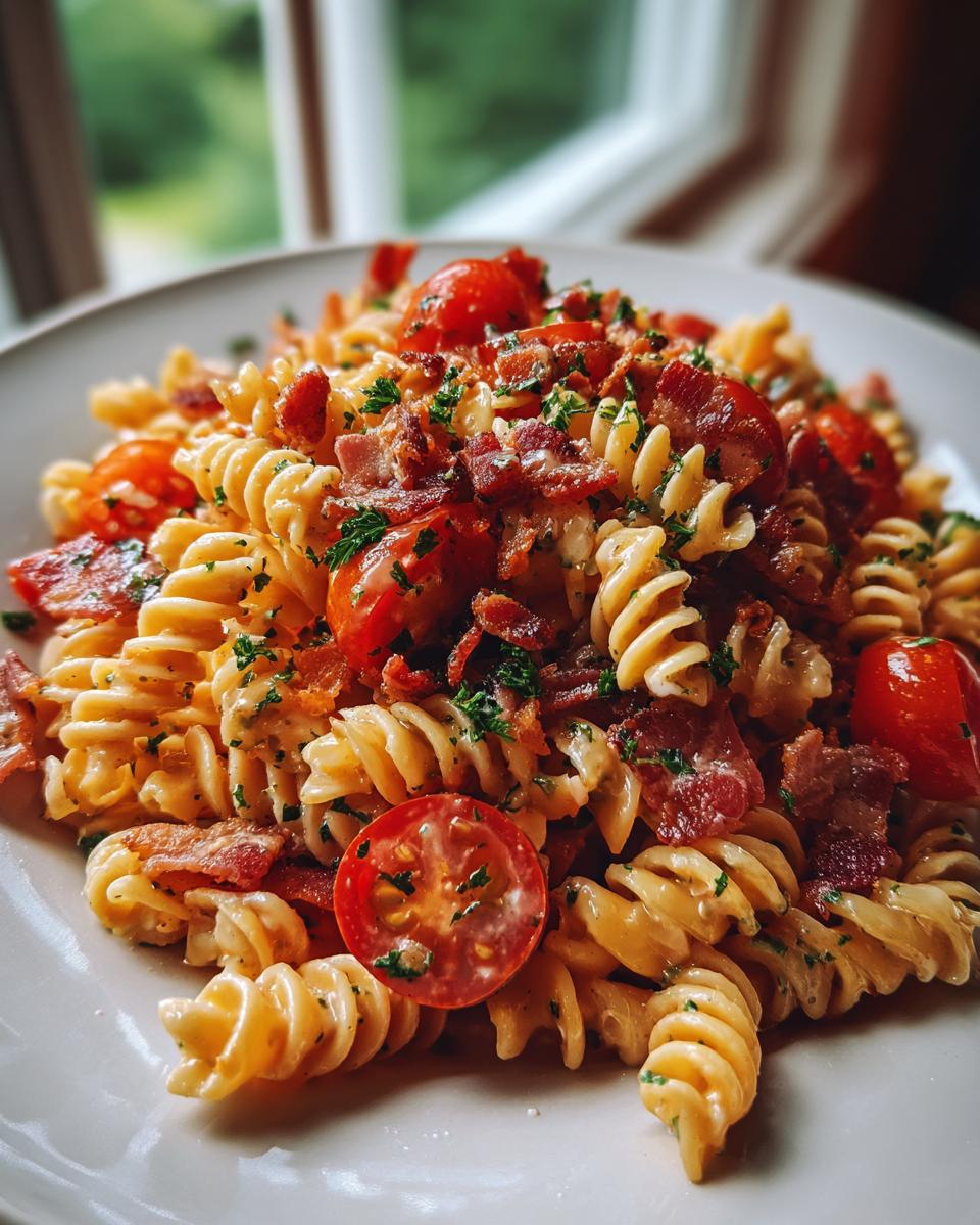 Close-up of a plate of tangy tomato BLT pasta salad featuring fusilli pasta, bacon, and cherry tomatoes.