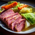 Slices of tender corned beef and cabbage served with bright orange carrots on a white plate.