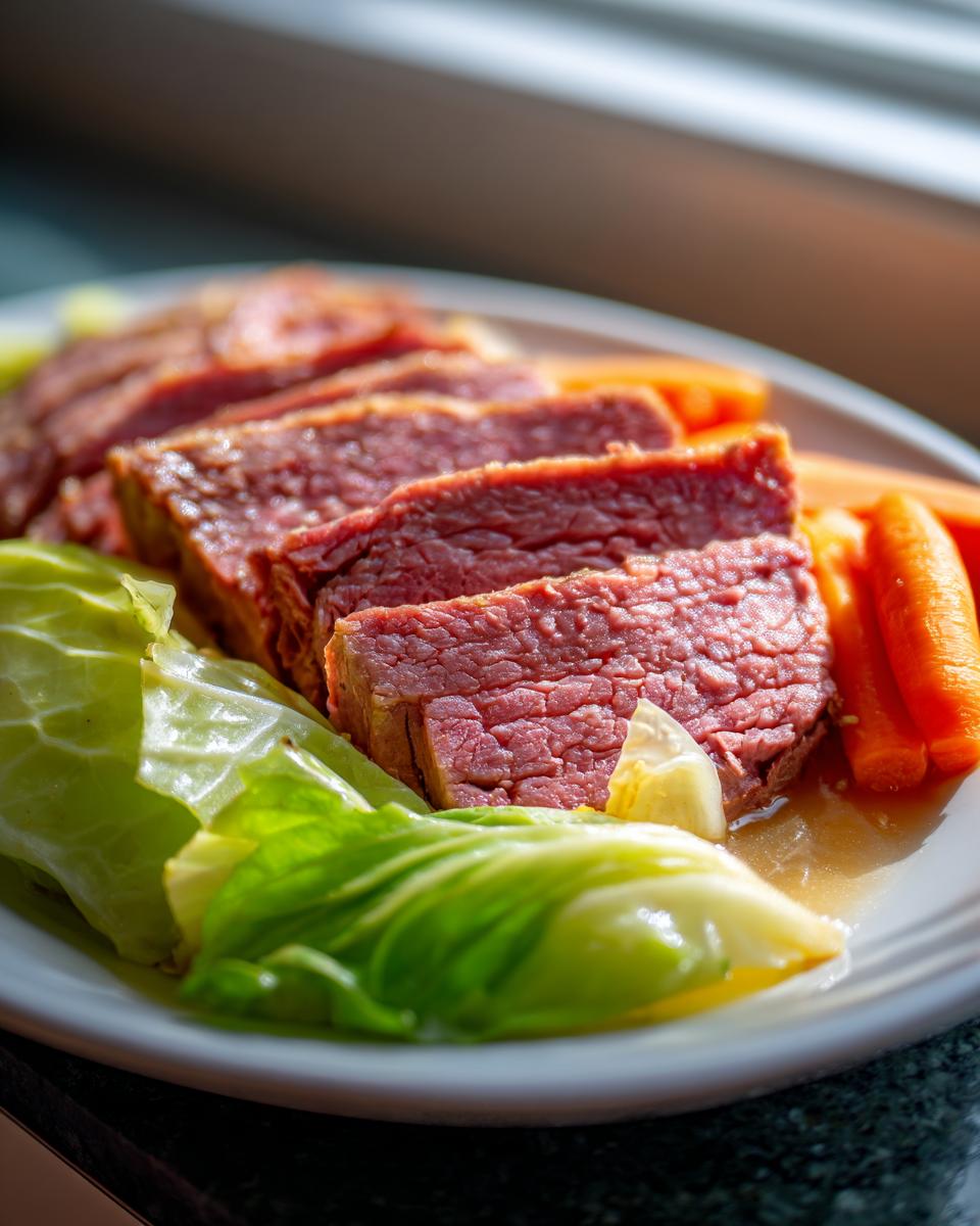 Close-up of tender sliced corned beef and cabbage with carrots, ready to eat.