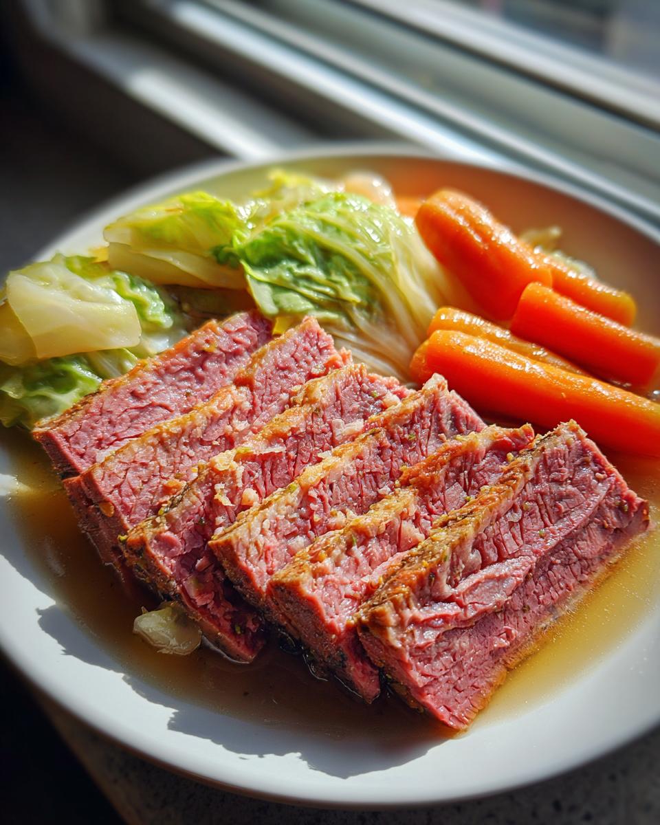 Slices of tender corned beef and cabbage served with boiled carrots on a white plate.