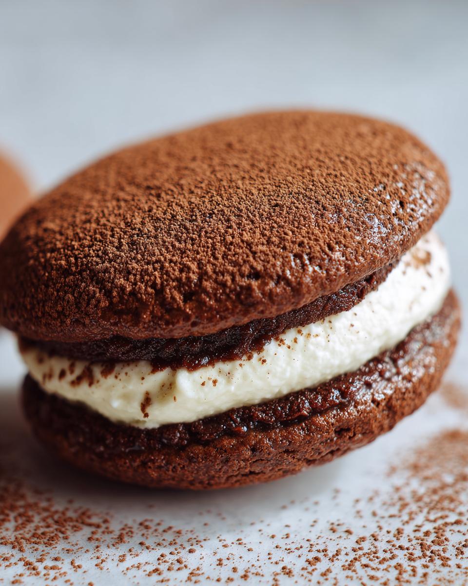 A close-up of a delicious tiramisu cookie crk sandwich filled with white cream and dusted heavily with cocoa powder.