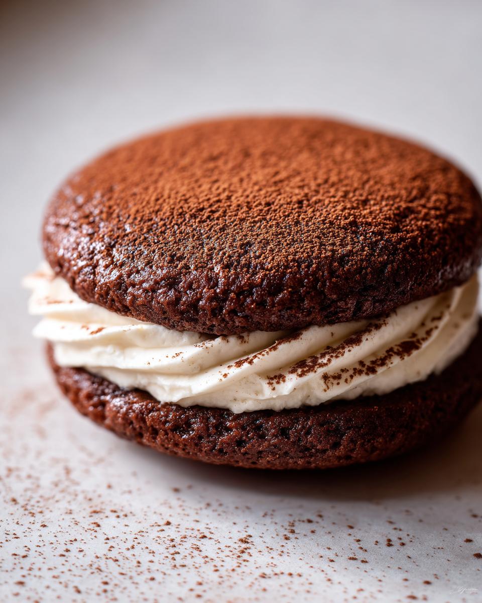 A close-up of a delicious tiramisu cookie crk sandwich filled with white cream and dusted heavily with cocoa powder.