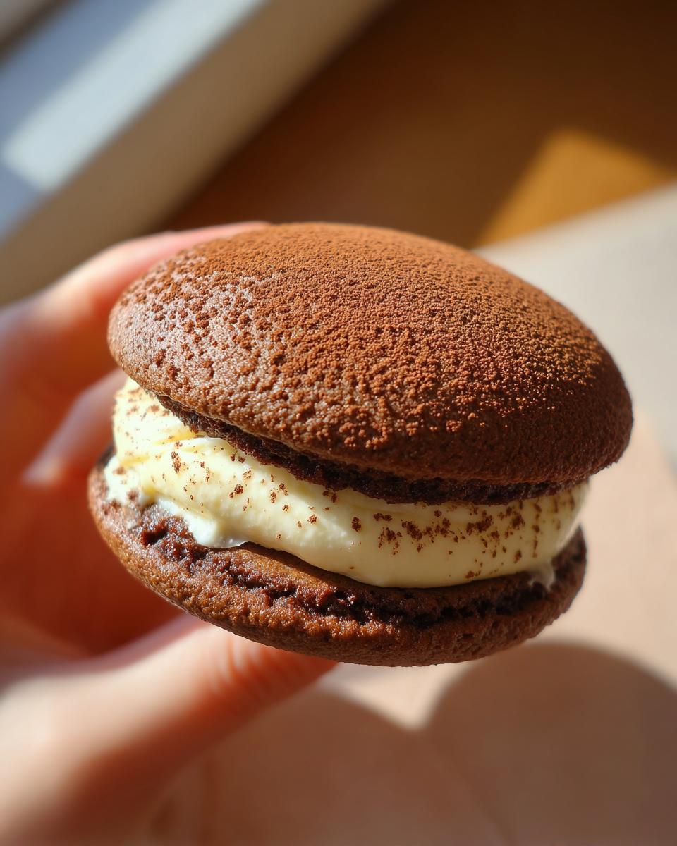 A close-up of a person holding a delicious tiramisu cookie crk sandwiched with creamy filling and dusted with cocoa powder.