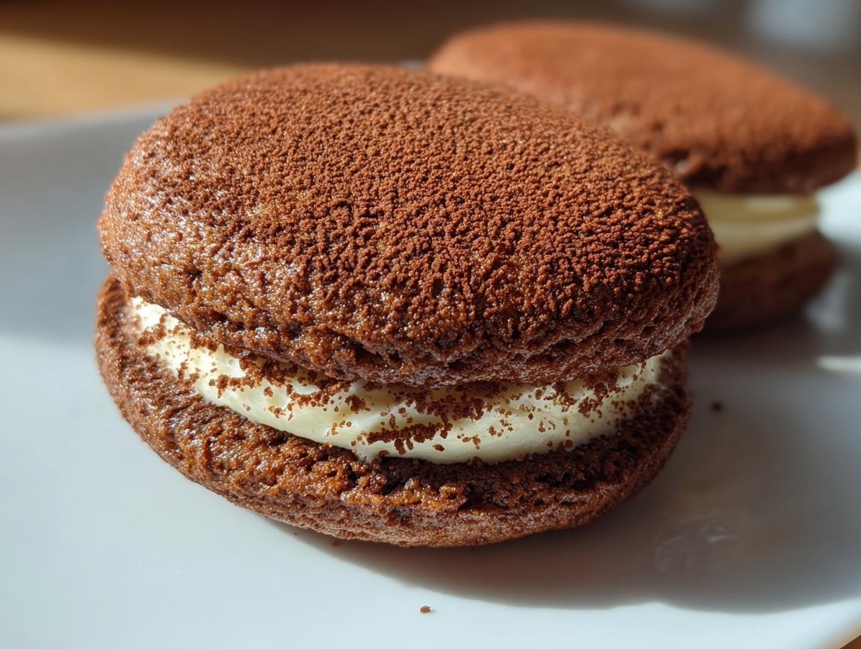 Close-up of a delicious tiramisu cookie crk sandwich filled with white cream and dusted with cocoa powder.