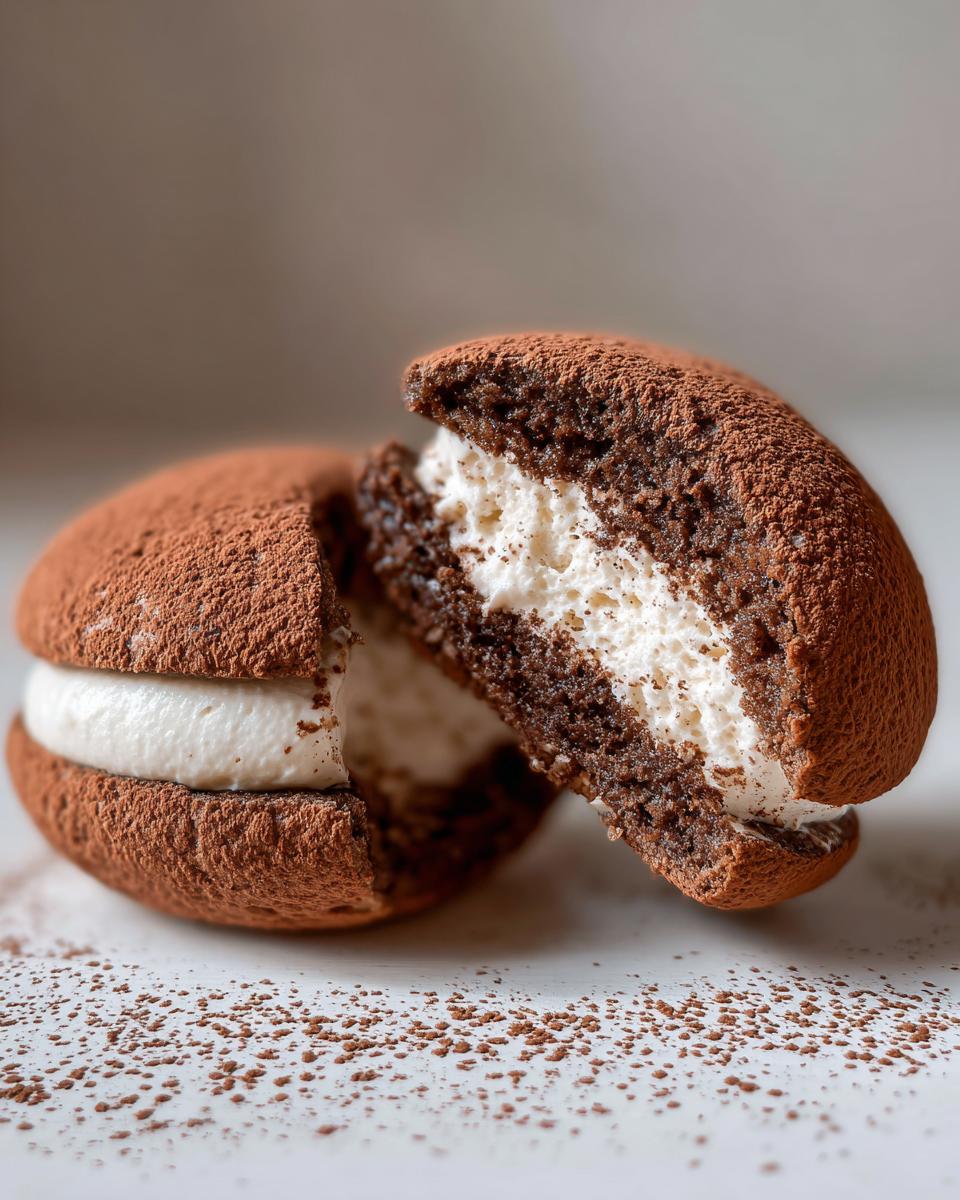 A chocolate tiramisu cookie crk sandwich, cut in half to show the thick white cream filling, dusted with cocoa powder.