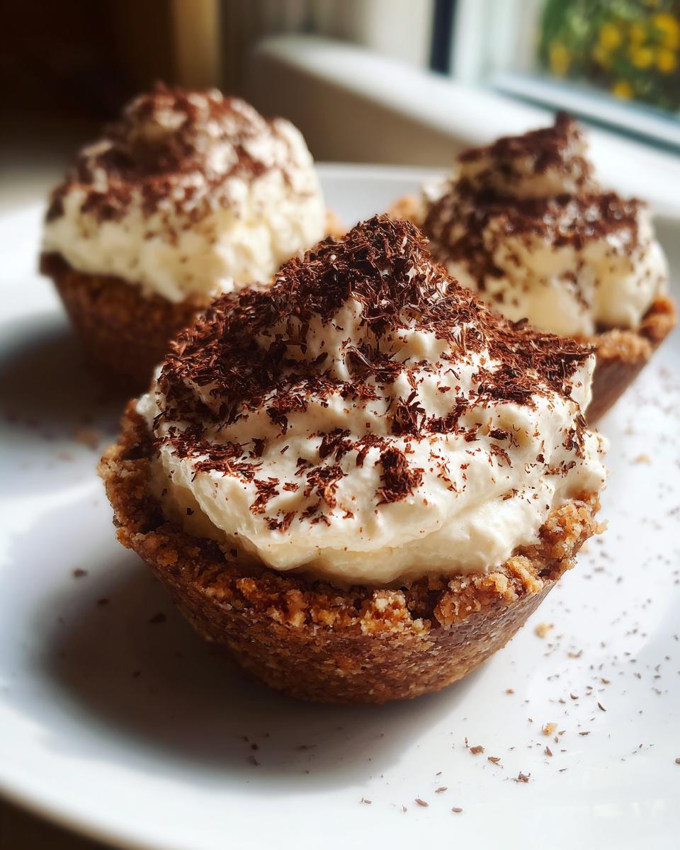 Three individual tiramisu cookie cups topped with creamy filling and dark chocolate shavings on a white plate.
