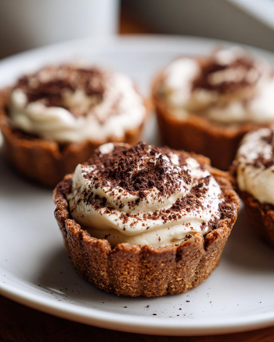 A close-up of one of the delicious tiramisu cookie cups filled with cream and dusted heavily with cocoa powder.
