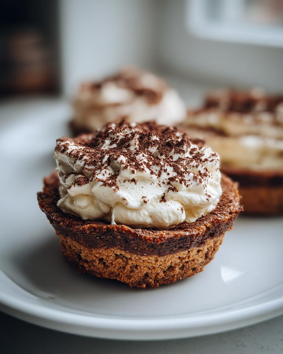 Close-up of one decadent tiramisu cookie cup topped with a swirl of whipped cream and dusted with cocoa powder.