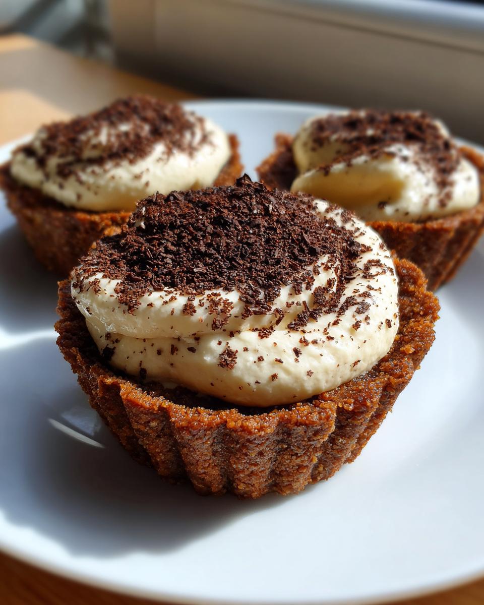 Three individual tiramisu cookie cups filled with cream and topped with dark chocolate shavings.