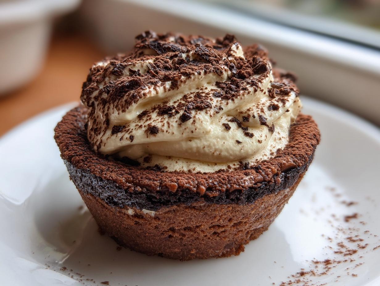 A single, decadent tiramisu cookie cup topped with piped mascarpone cream and dusted with cocoa powder.