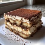 Close-up of a rich slice of tiramisu cookie run dessert layered with cream and dusted with cocoa.