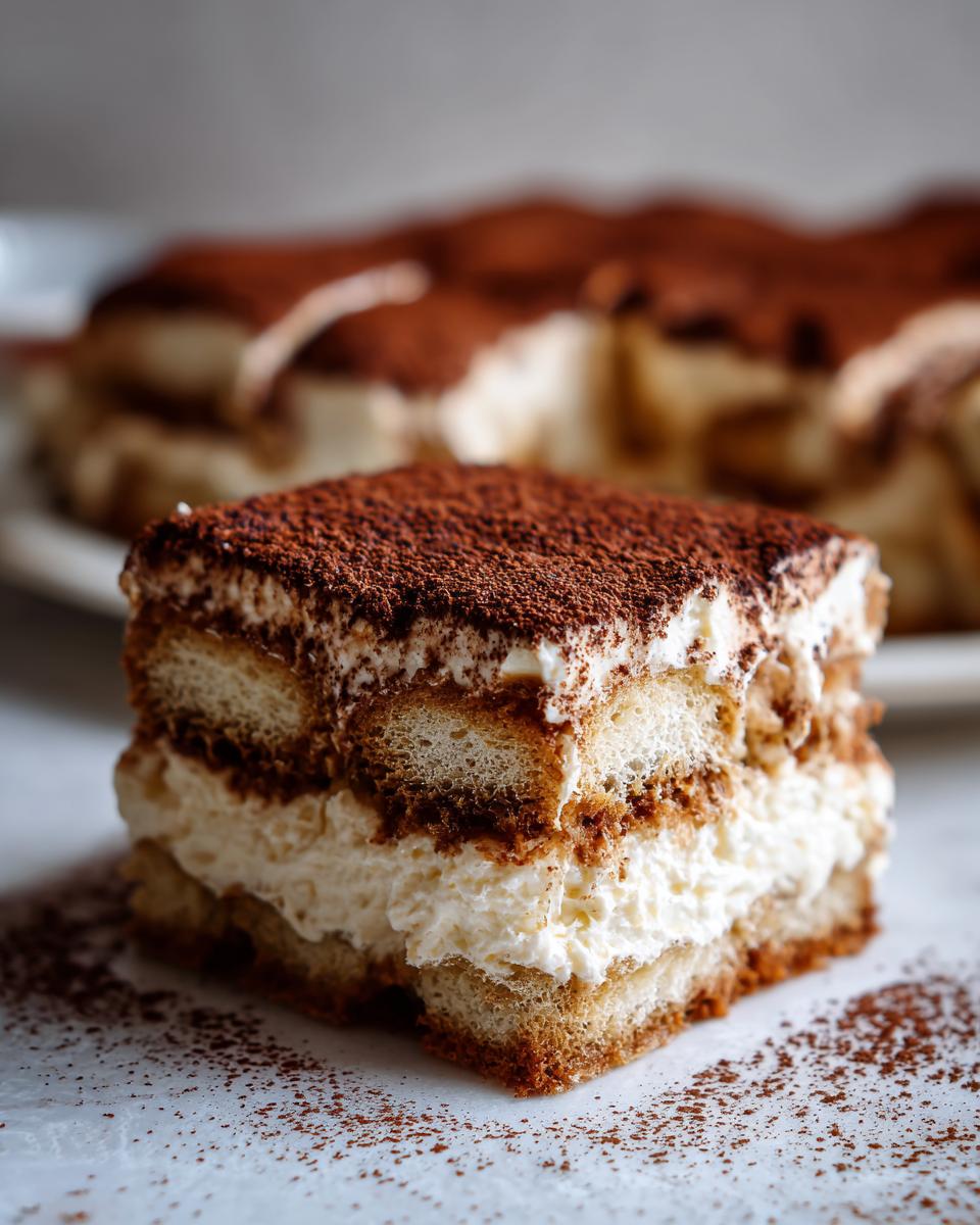 Close-up of a layered tiramisu cookie run slice, featuring ladyfingers, cream, and heavy cocoa powder dusting.