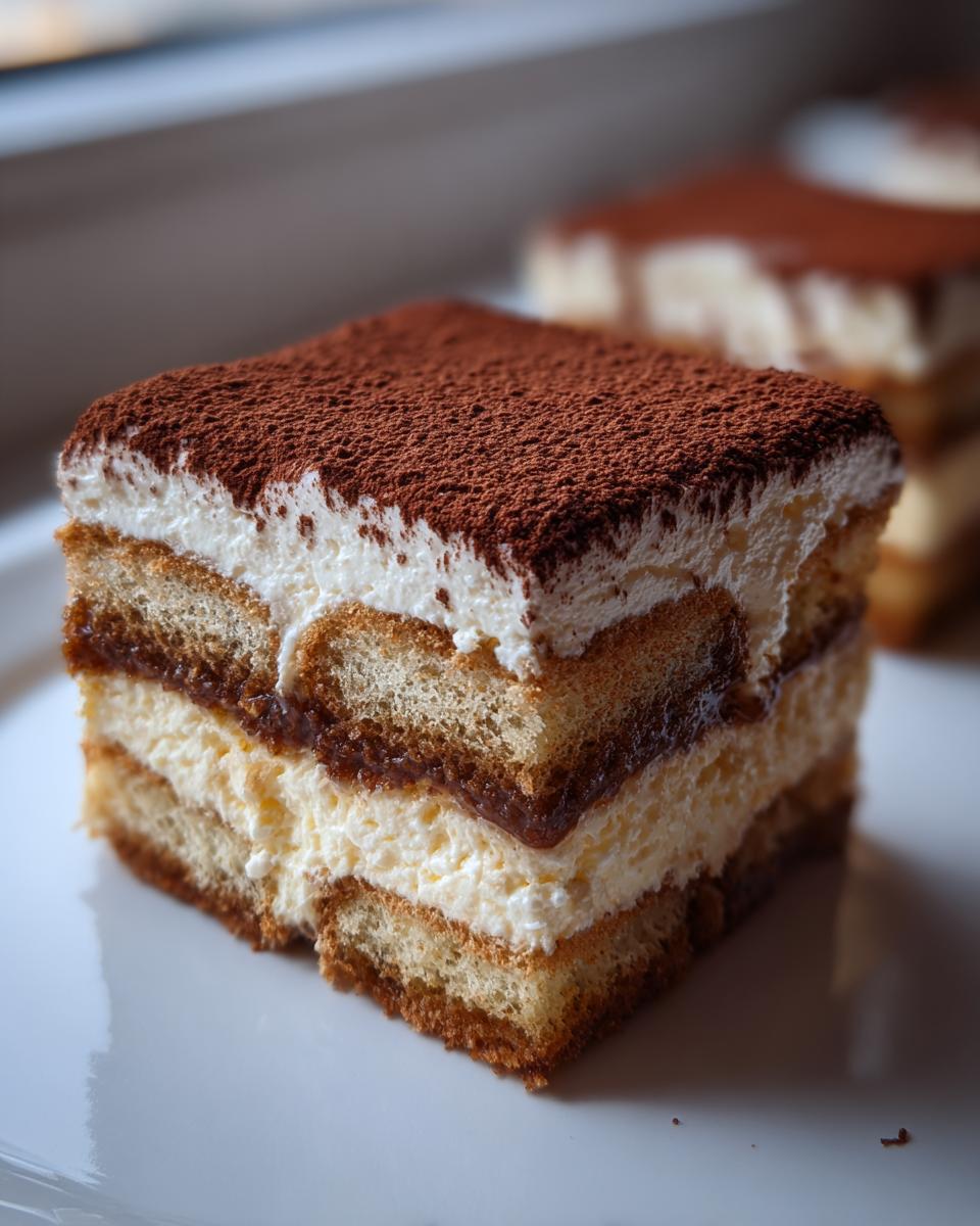 Close-up of a layered tiramisu cookie run slice dusted heavily with cocoa powder.