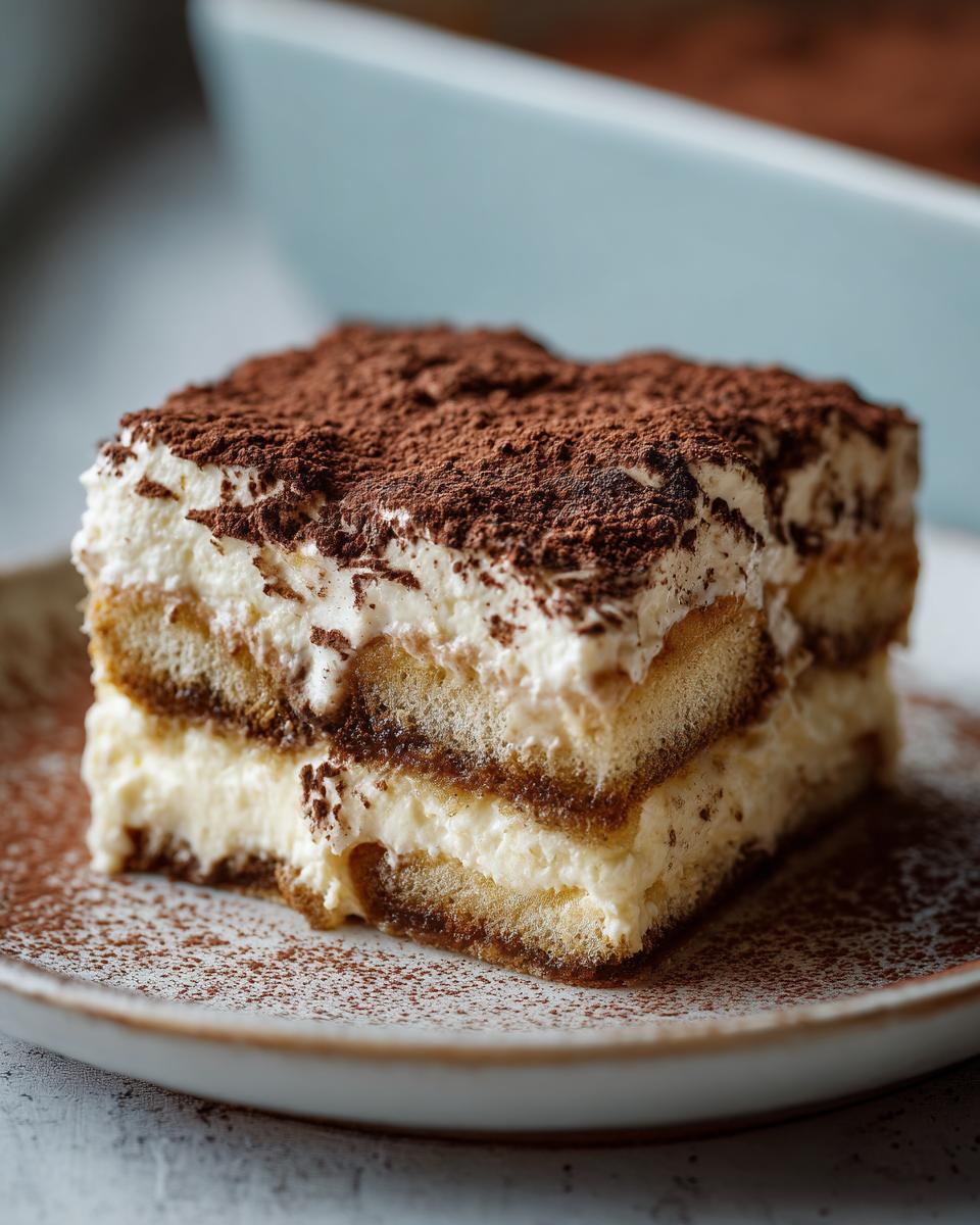 A decadent slice of tiramisu cookie run, layered with cream and dusted heavily with cocoa powder.