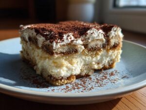 A close-up of a layered tiramisu cookie run slice, topped with cocoa powder, sitting on a light blue plate.