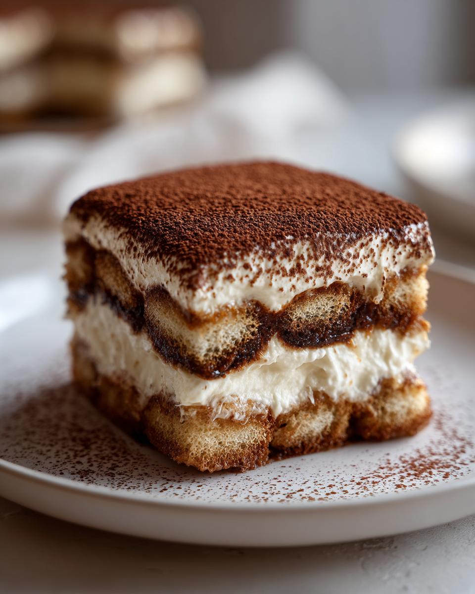 A square slice of tiramisu cookie run dessert layered with cream and coffee-soaked ladyfingers, dusted with cocoa powder.