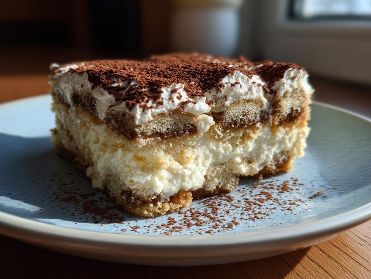 A close-up of a layered tiramisu cookie run slice, topped with cocoa powder, sitting on a light blue plate.