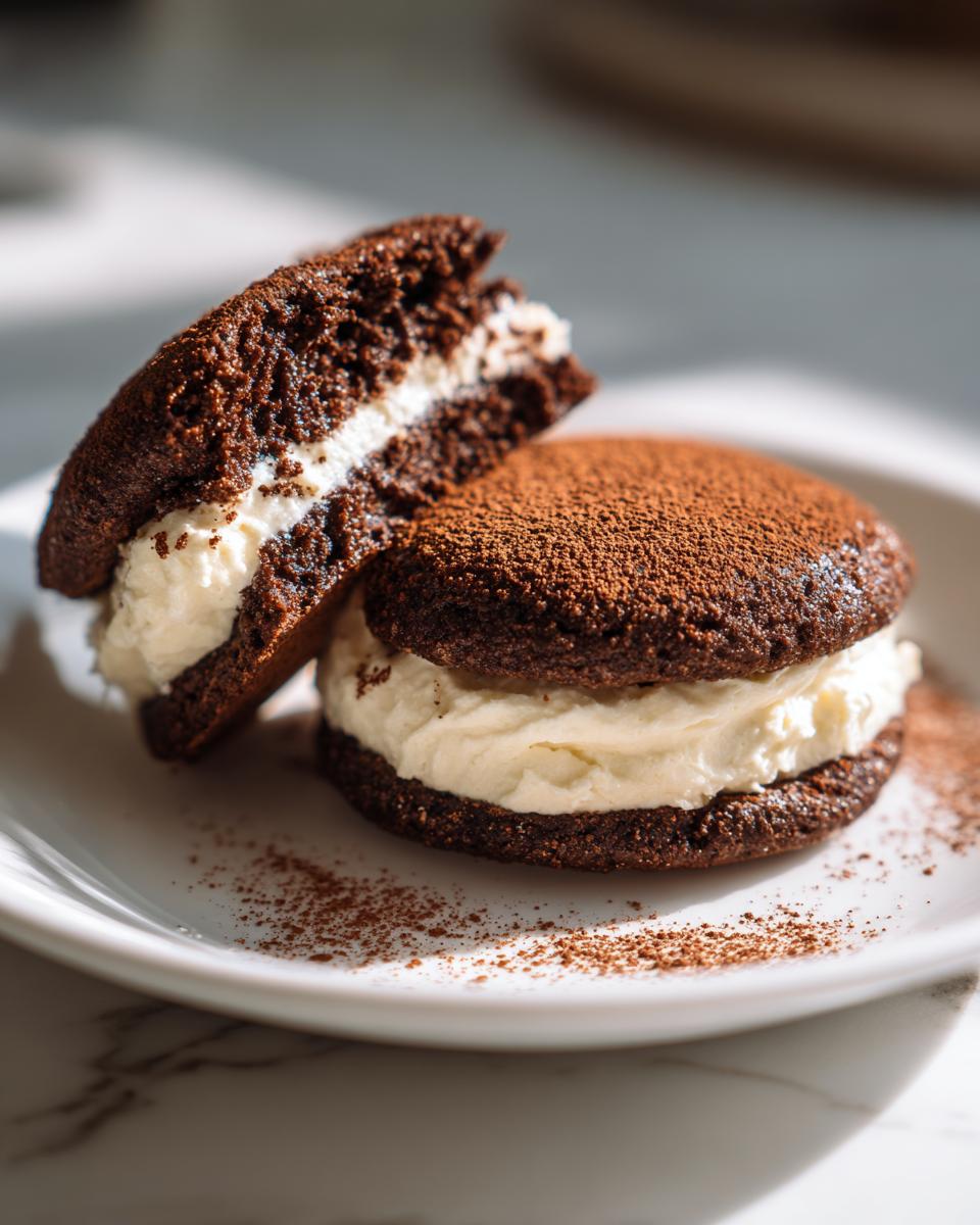 Two rich, dark chocolate tiramisu cookies filled with creamy mascarpone filling, dusted with cocoa powder.