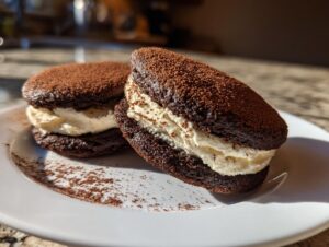 Two decadent tiramisu cookies, featuring dark chocolate shells and creamy filling, dusted with cocoa powder.