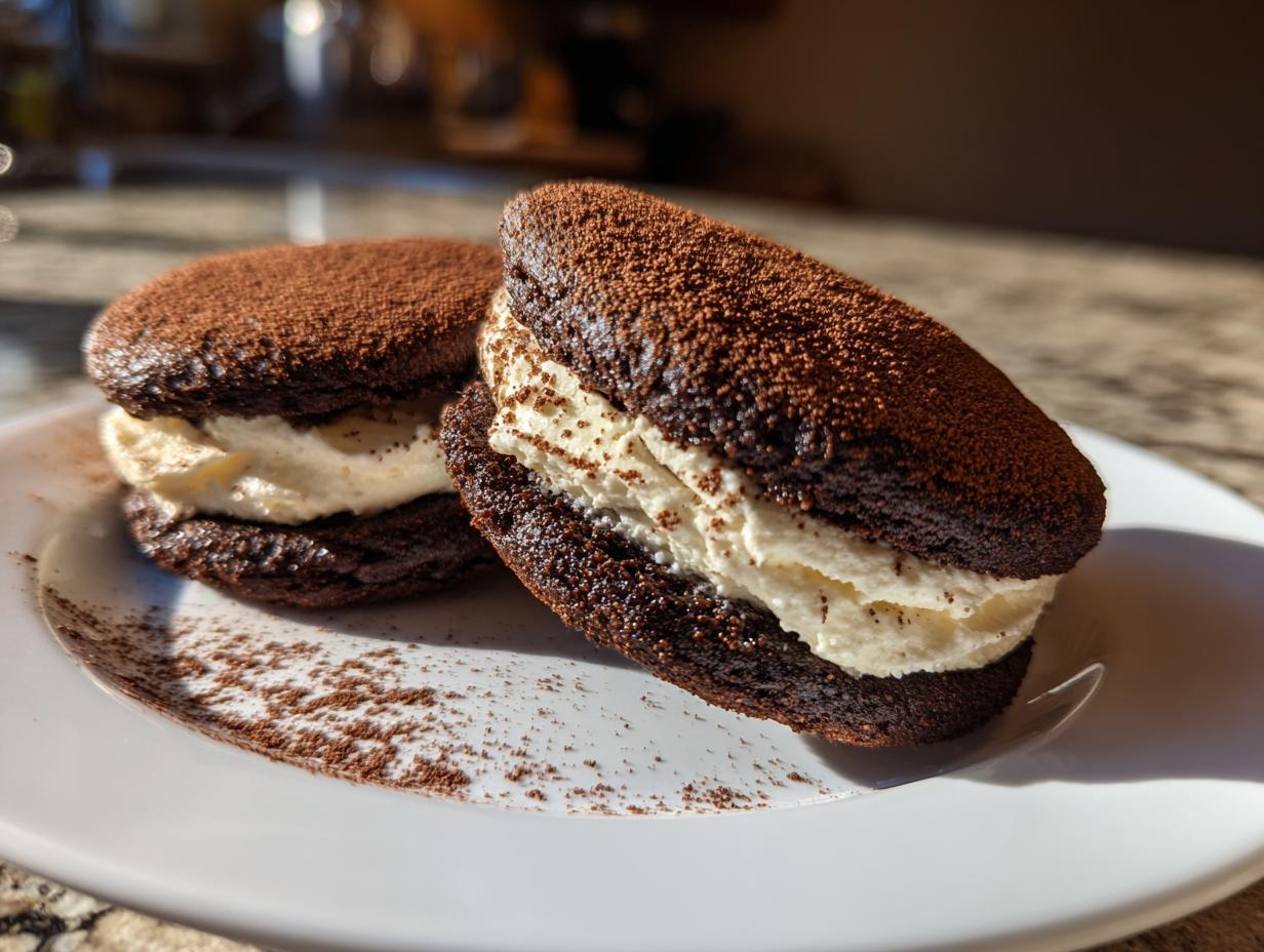 Two decadent tiramisu cookies, featuring dark chocolate shells and creamy filling, dusted with cocoa powder.