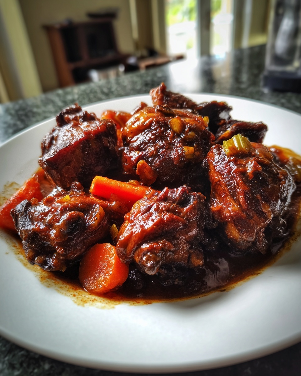 Close-up of rich, dark Trinidad brown stew chicken pieces served with carrots on a white plate.