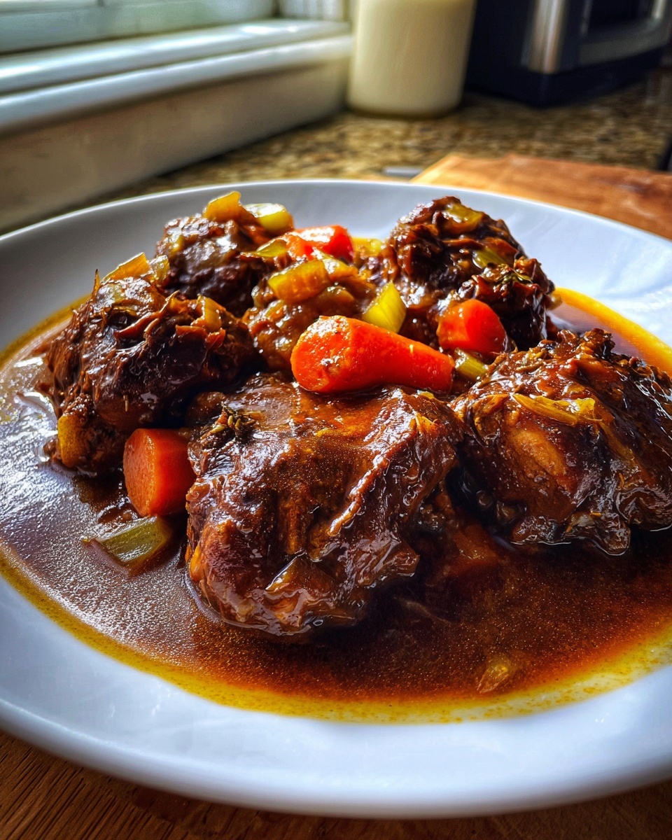 Close-up of rich, dark brown stewed meat pieces, likely trinidad brown stew chicken, served with carrots and celery.