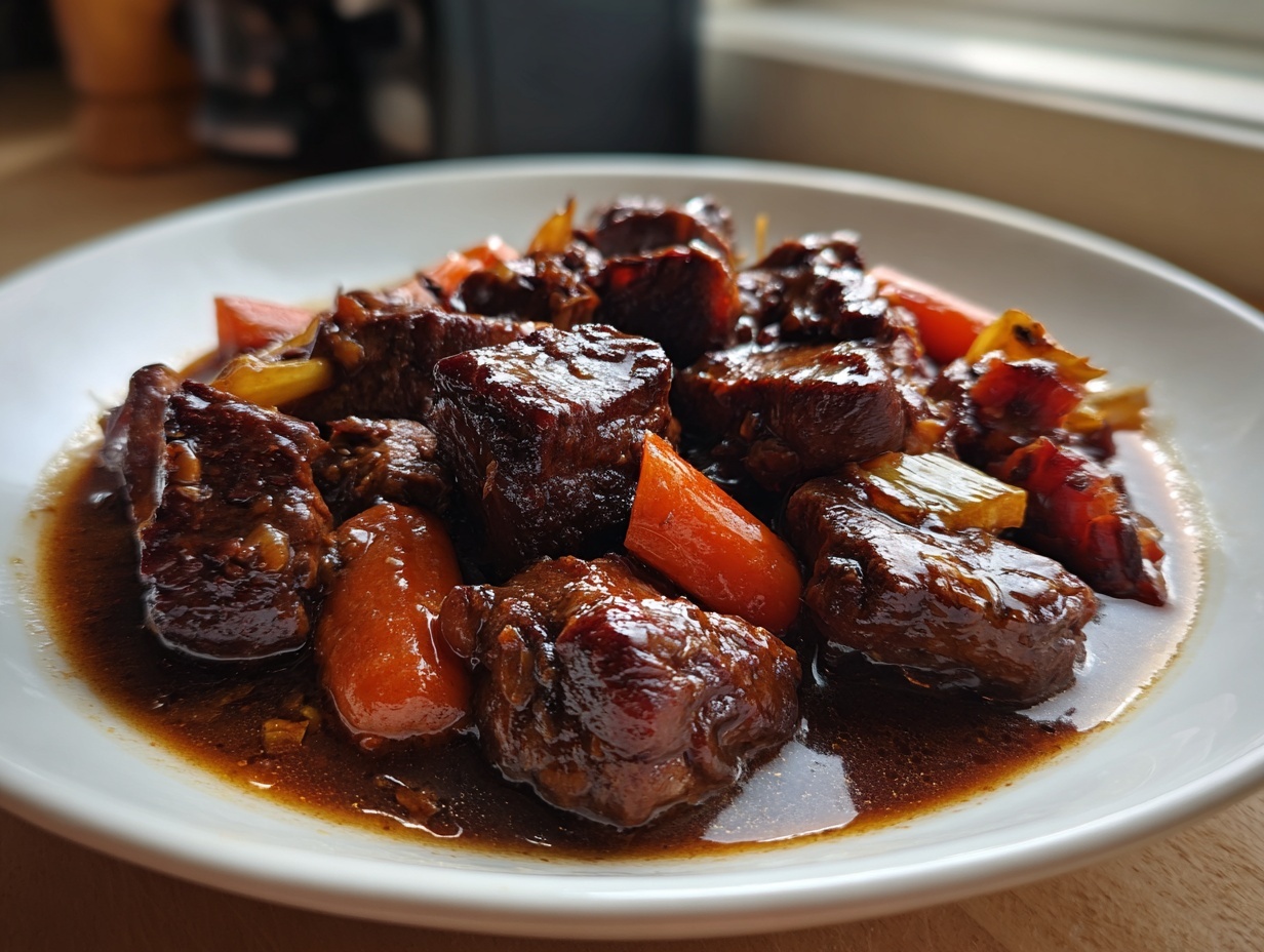 Close-up of rich, dark pieces of trinidad brown stew chicken served in a savory brown sauce with carrots.