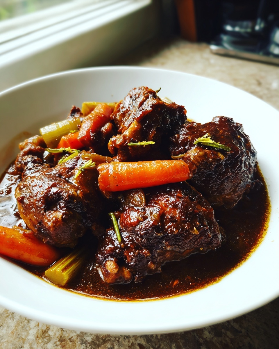 Close-up of rich, dark Trinidad brown stew chicken pieces with carrots and celery in a white bowl.